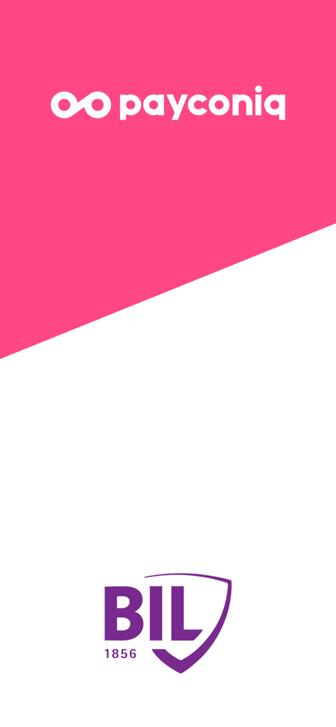 Tela de splash do aplicativo de pagamento móvel BIL Payconiq com os logotipos Payconiq e BIL