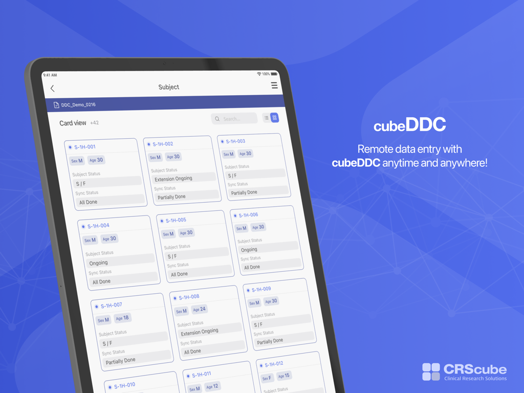 cubeDDC app subject list card view on iPad for clinical research data management