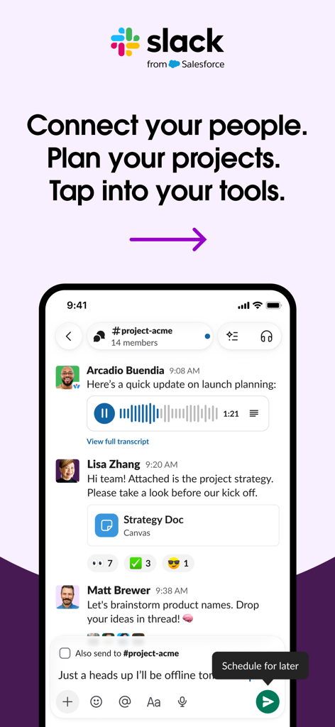 Slack mobile app interface showing project collaboration messages and voice notes