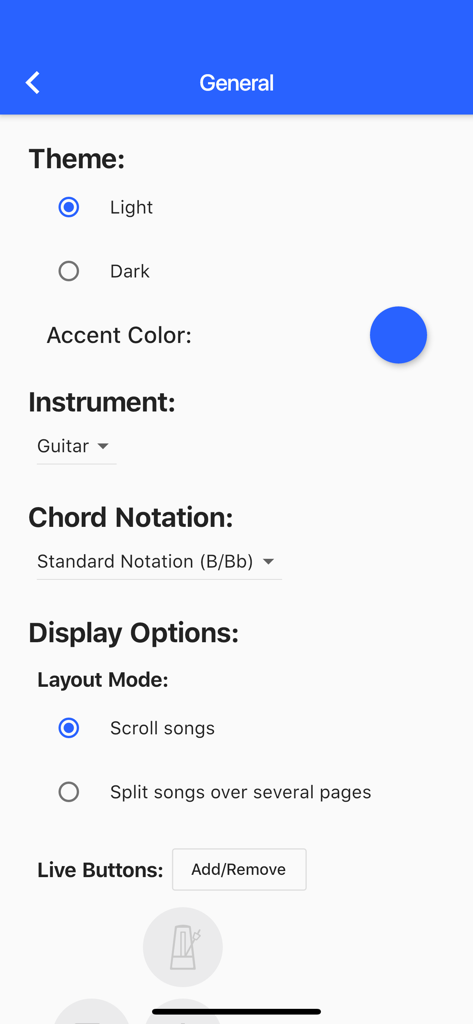 SongbookPro 앱의 일반 설정 화면이 테마 및 디스플레이 옵션을 보여줍니다.