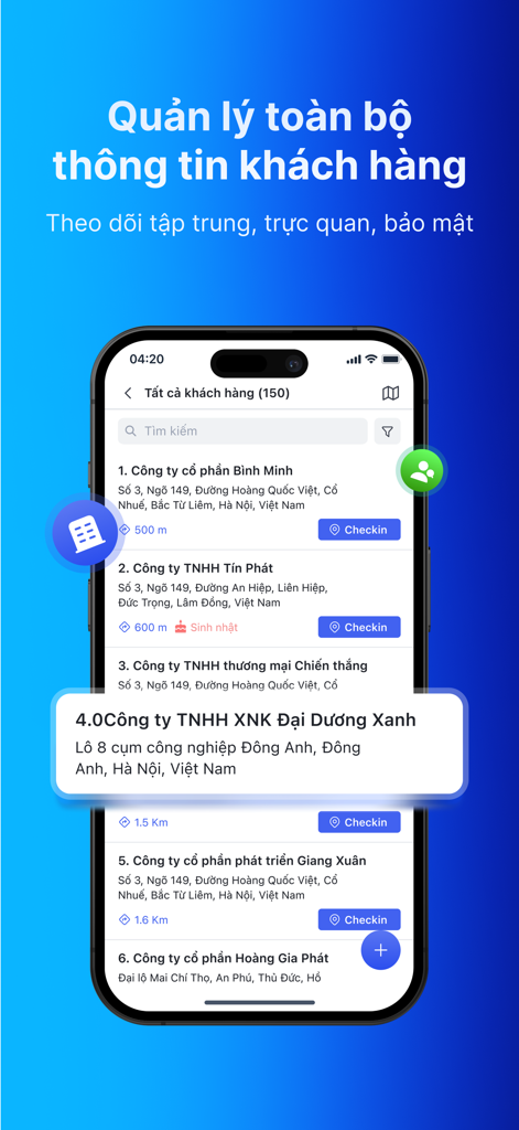 AMIS CRM 2 - Interfaz móvil de AMIS CRM 2 que muestra una lista de clientes con direcciones y botones de check-in de ventas de campo