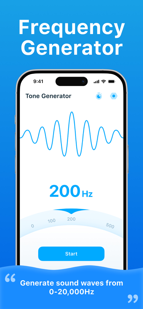 Clear Wave app screenshot showing the tone generator interface with a frequency setting of 200Hz and a sound wave visualization.