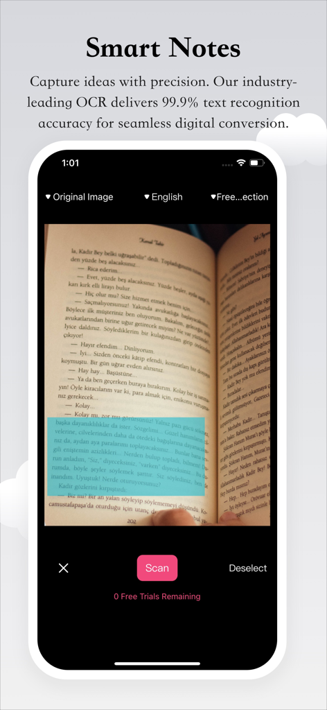 Reading Tracker - TBR Book - Función de Notas Inteligentes en la aplicación Reading Tracker utilizando OCR para digitalizar texto de un libro físico.