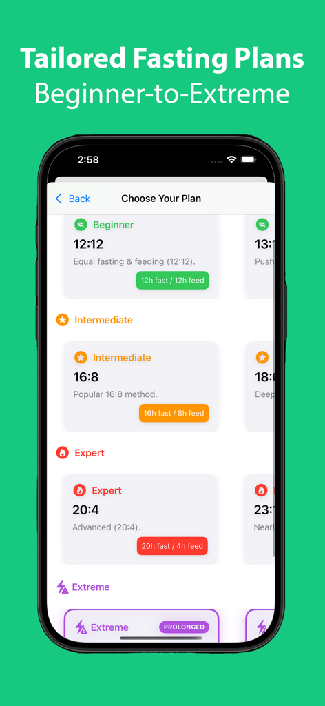 AllyFast - AllyFast app screen showing tailored fasting plans from beginner to extreme levels