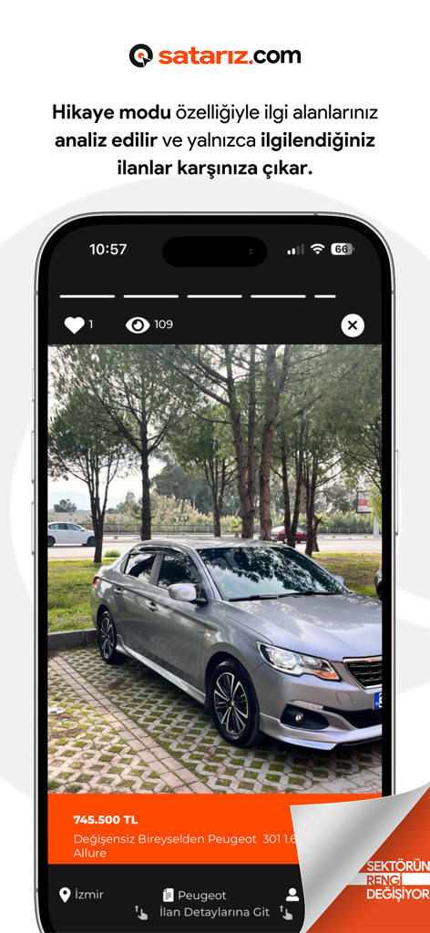 satarız. - Satariz app displaying a car listing in a story mode format with personalized recommendations