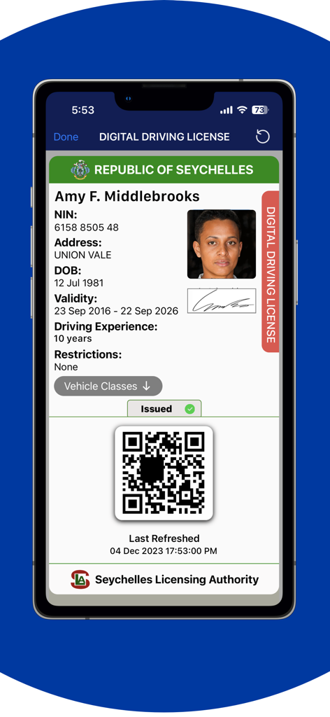 Smartphone showing a digital driving license on the SeyID Seychelles app featuring a QR code and ID details