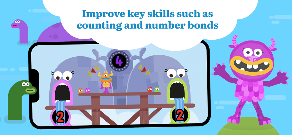 Educational math game for kids featuring monsters and number bonds