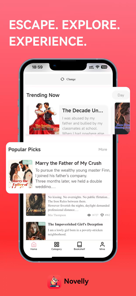 Novelly X - Mobile interface of Novelly X app showing trending romance and fiction stories