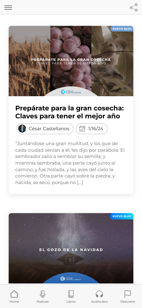 César Castellanos - Cesar Castellanos app home screen featuring religious blog posts and a navigation menu