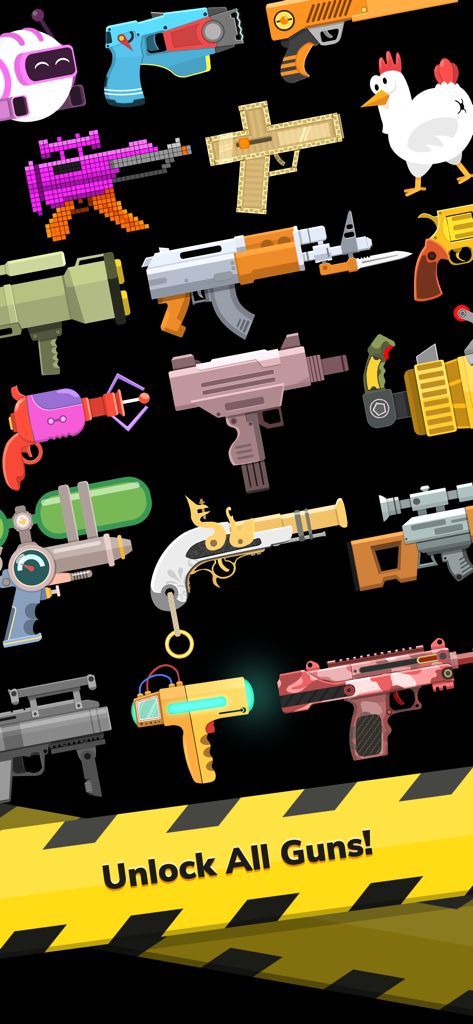 Gun Idle - A diverse assortment of colorful and stylized weapons to unlock in the Gun Idle mobile game.