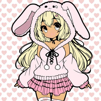 pretty anime girl wearing a fluffy hoodie with bunny ears on the hood and a skirt