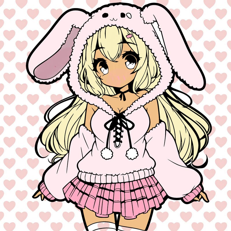 pretty anime girl wearing a fluffy hoodie with bunny ears on the hood and a skirt