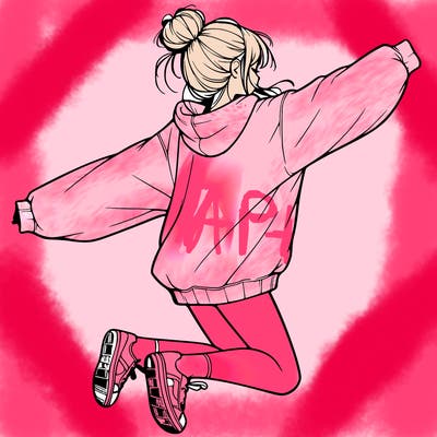 realistic girl jumping with a bun and oversized sweatshirt