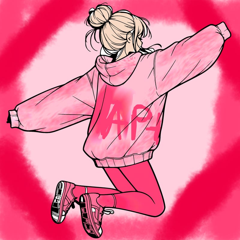 realistic girl jumping with a bun and oversized sweatshirt