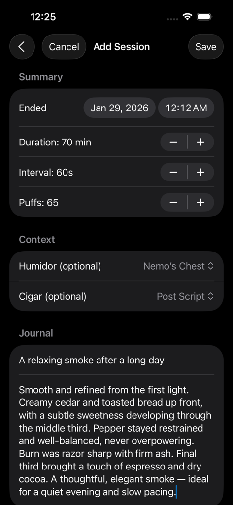 Interfaccia dell'app Humidor Companion che mostra statistiche della sessione di sigari e una voce del diario di degustazione.