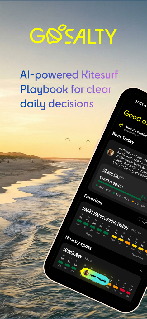 GoSalty – Kitesurf Playbook - The GoSalty kitesurfing app interface showing daily wind forecasts and local spot information over a beach background.
