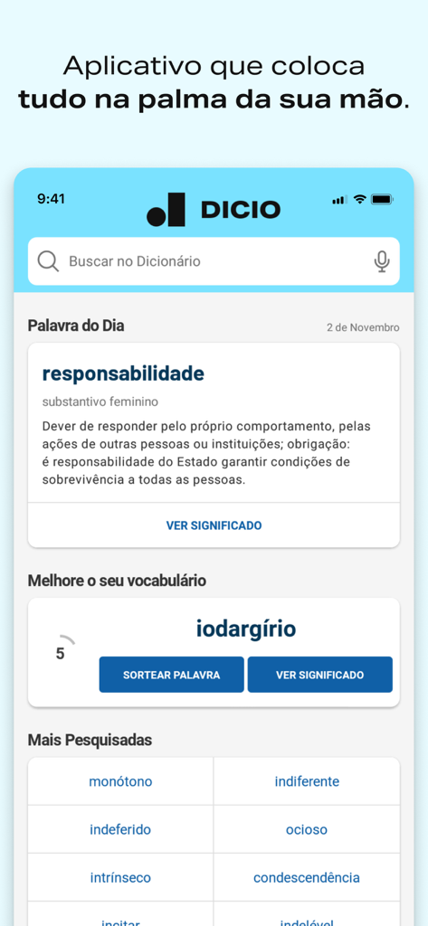Dicionário de Português Dicio - Startbildschirm der mobilen App des Portugiesisch-Wörterbuchs Dicio mit Wort des Tages und Wortschatzwerkzeugen