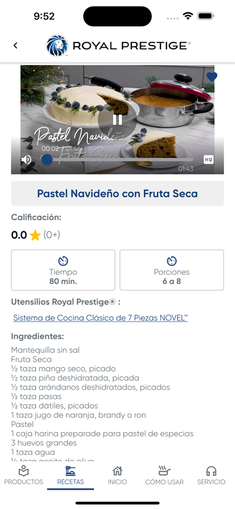 Royal Prestige mobile app displaying a recipe for Christmas cake with dried fruit including video instructions and ingredient list in Spanish