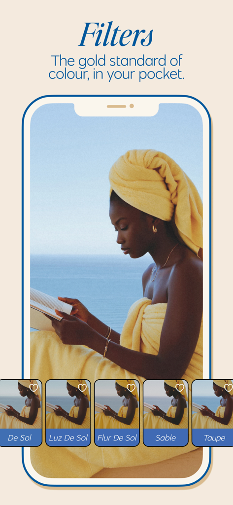 Colortone app interface showcasing aesthetic photo filters with a beach lifestyle image