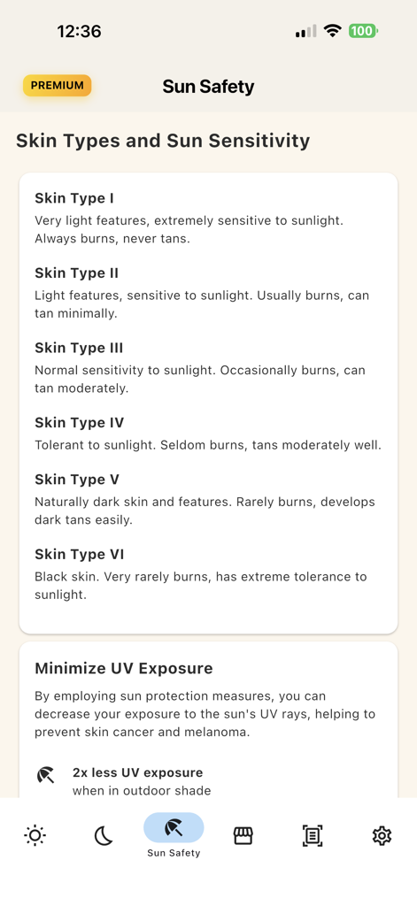 Tela do aplicativo Sky and Sol detalhando tipos de pele e sensibilidade ao sol para proteção UV