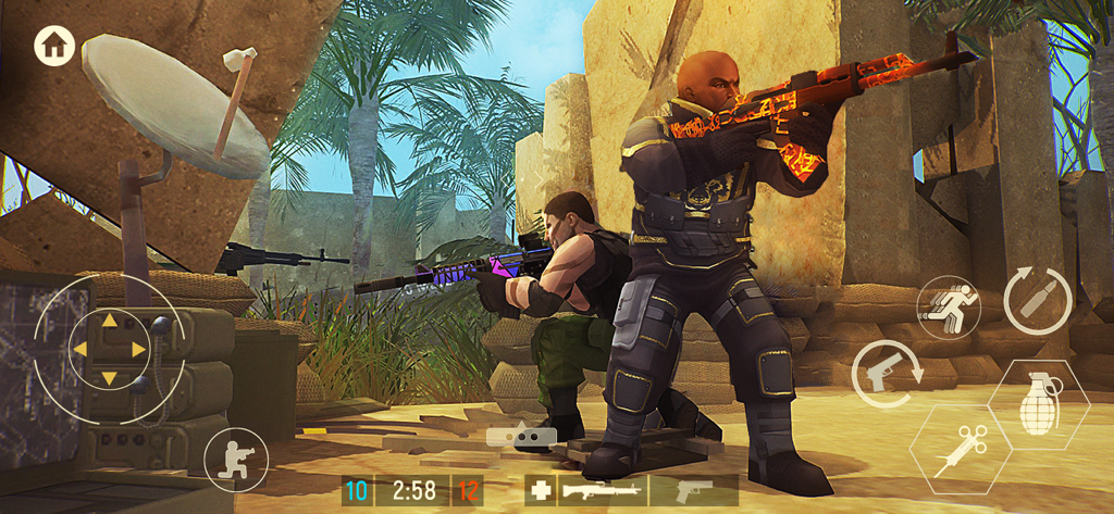 Two customized operators in Tacticool tactical shooter holding weapons in a combat zone