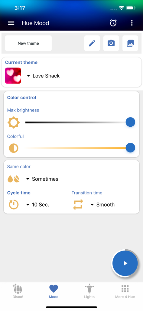 Hue Disco - Hue Disco app interface showing the Mood settings screen with brightness and theme controls.