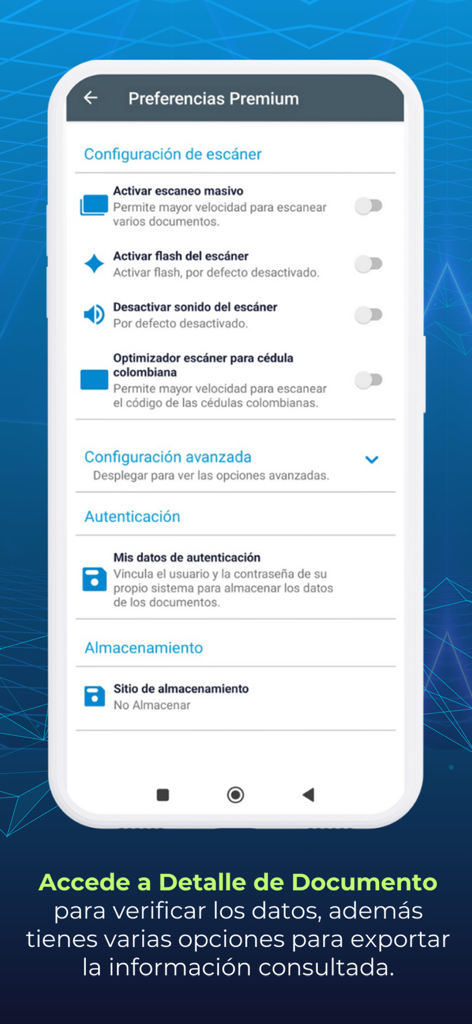 Verifiquese Cedula - ID書類検証のためのプレミアムスキャナー設定を表示するインターフェース。