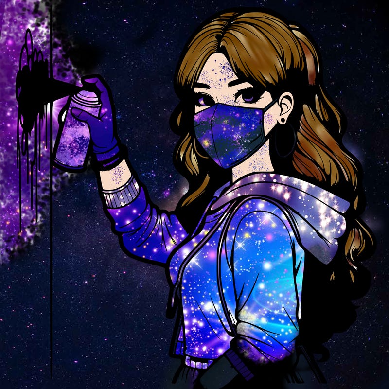 realistic girl with mask spray painting a wall