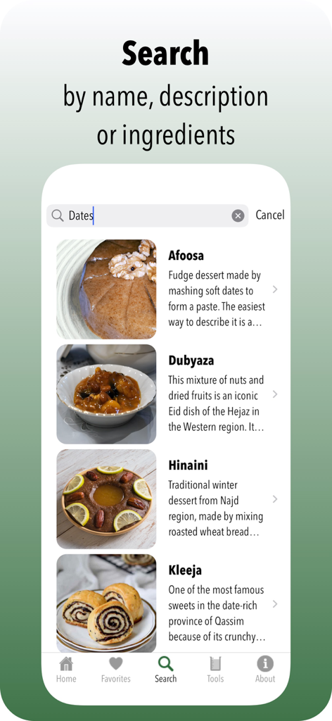 Mobile app search screen displaying traditional Saudi Arabian recipes in the Arabian Flavors app.