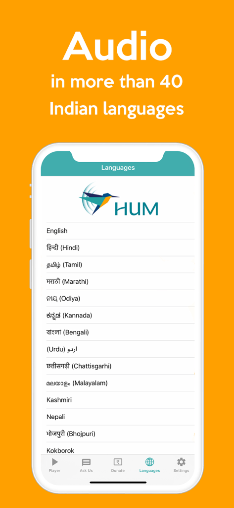 HUM Audio Bible App - Interface of the HUM Audio Bible app showing a list of over 40 Indian languages for selection