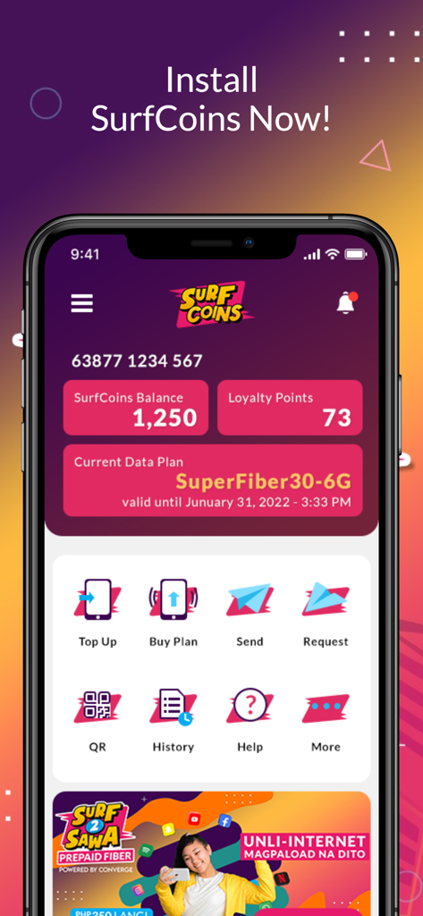 SurfCoins - SurfCoins app home screen displaying data plan status and top-up options for Surf2Sawa prepaid fiber