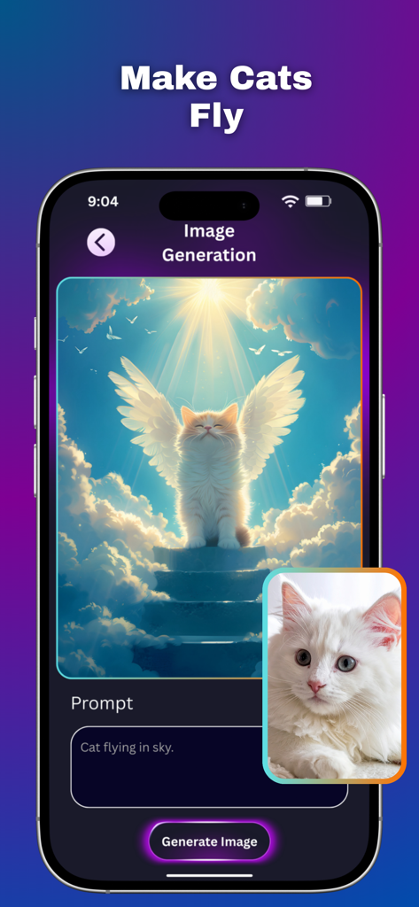 AI Photo Editor interface showing image generation of a cat with wings flying in the clouds from a text prompt