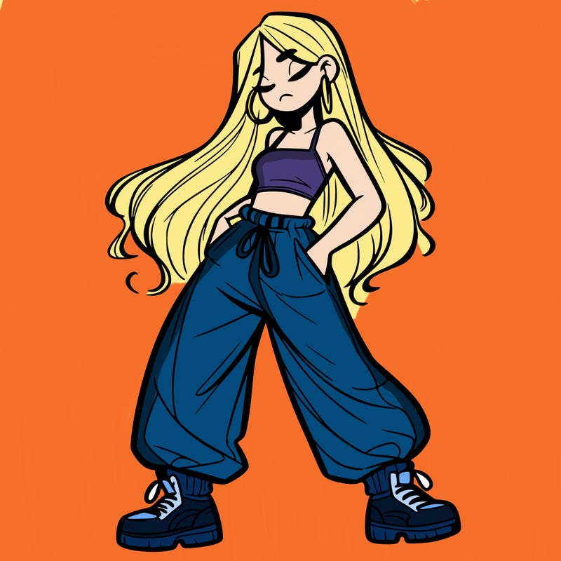 girl in baggy pants crop top and long hair