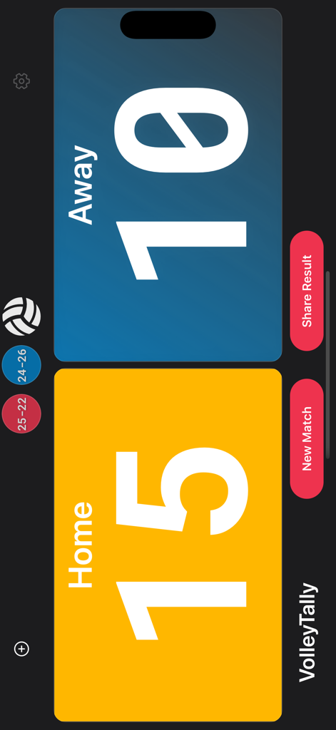 Tabellone segnapunti dell'app VolleyTally che mostra i punteggi delle squadre di casa e fuori casa in modalità orizzontale