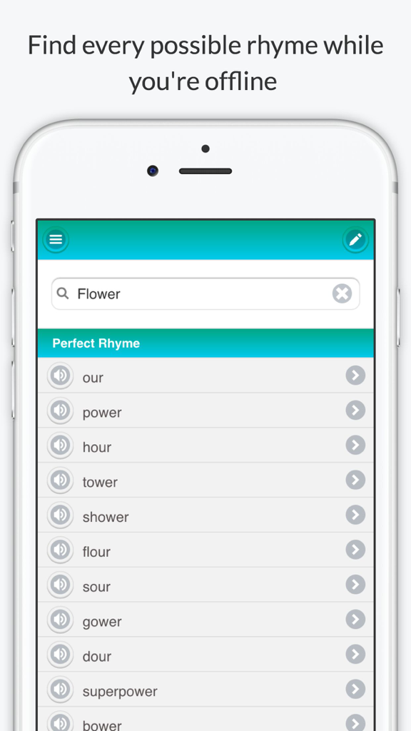 Rhyme Dictionary by Rhyme Time - Rhyme Time app showing a list of perfect rhymes for the word flower