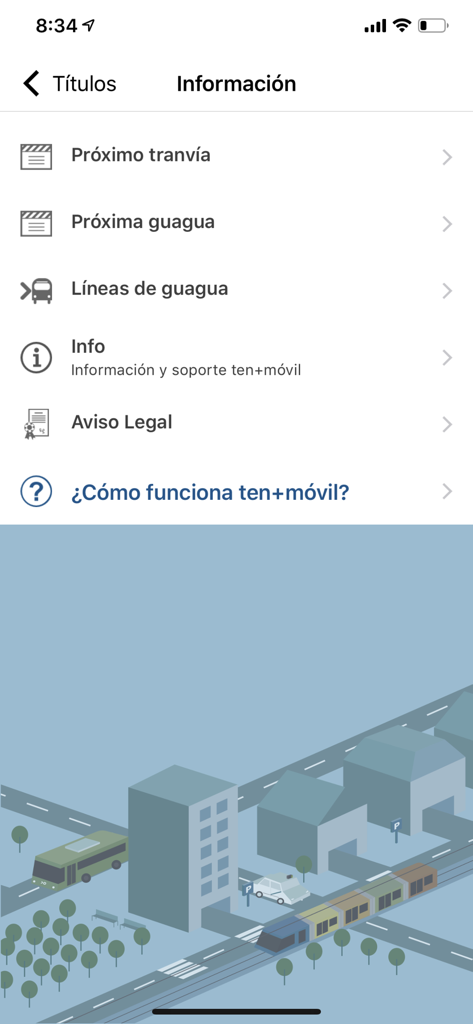 Menú de información de la aplicación de transporte Via Movil para Tenerife que muestra opciones de autobús y tranvía.