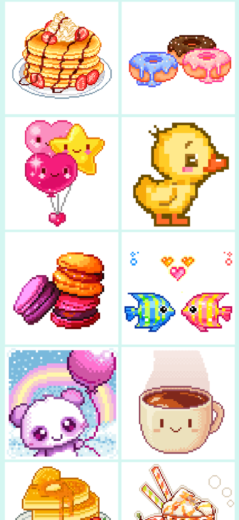 A collection of cute pixel art illustrations including pancakes, donuts, animals, and coffee for a color by number app.
