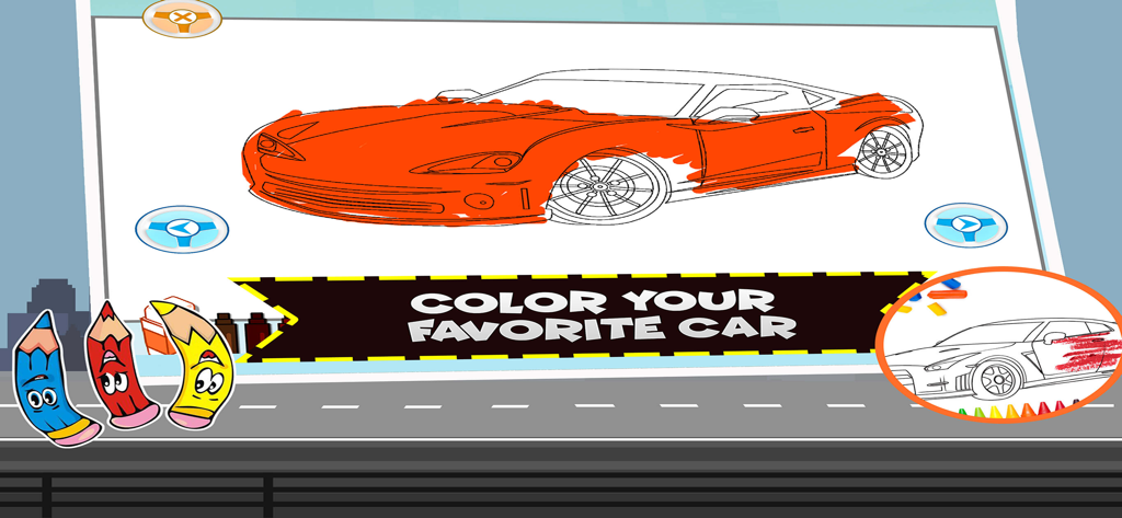 A digital coloring page where a child can color a sports car with cartoon pencils