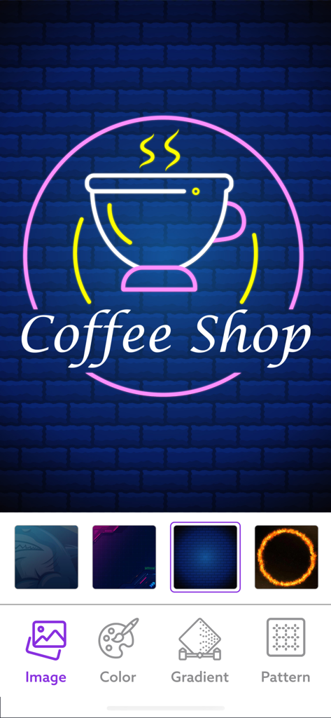 AI Logo Maker + Logo Generator - Neon coffee shop logo design created with the AI Logo Maker app