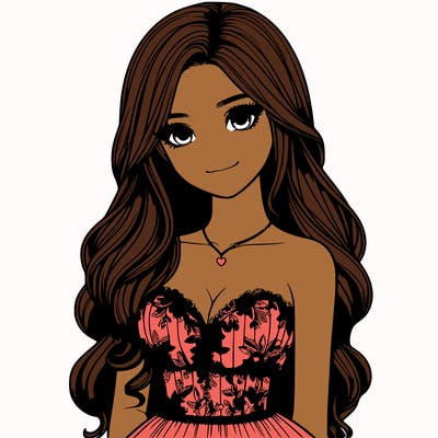 realistic girl with long hair and pretty prom dress