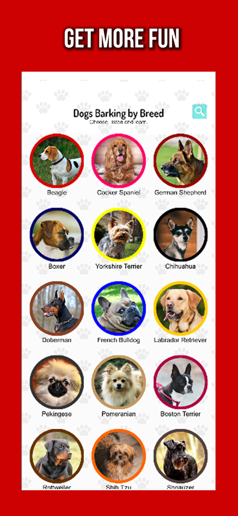 Un'interfaccia di app mobile che mostra una griglia di varie razze di cani tra cui Beagle, Boxer e Pastore Tedesco per la selezione del suono.