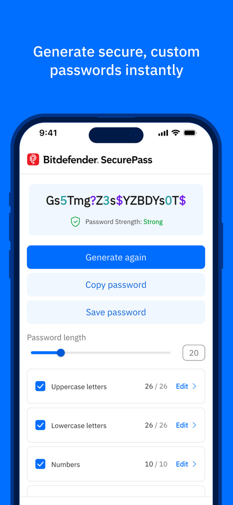 Bitdefender SecurePass - Schermata dell'app Bitdefender SecurePass che visualizza una password complessa generata e le opzioni di personalizzazione