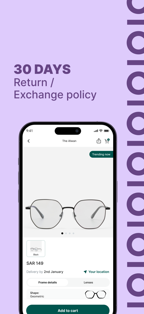 Optical Club by eyewa - Mobile app screen for Optical Club showing a 30 day return policy and a product page for black geometric eyeglasses.