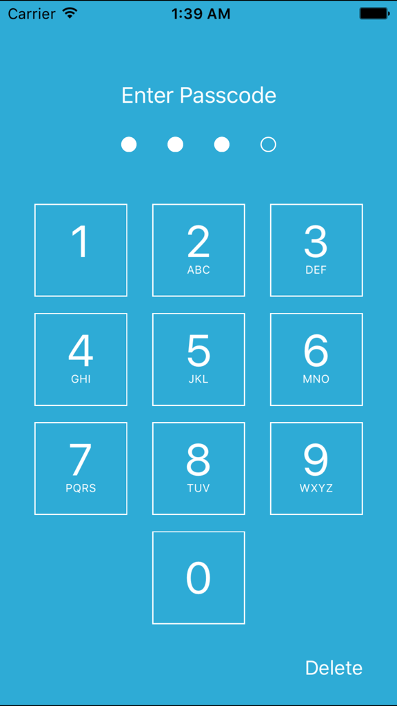 Passcode entry screen with numeric keypad in the Simple Password Manager app