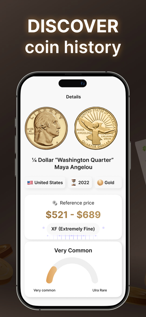 Pantalla de la aplicación que muestra el historial de la moneda y el valor de mercado de un Cuarto de Washington de Maya Angelou