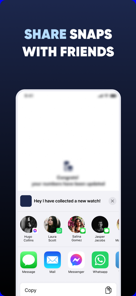 WatchIQ - AI Watch Identifier - Mobile interface of the WatchIQ app showing options to share a newly collected watch discovery with friends through social messaging apps
