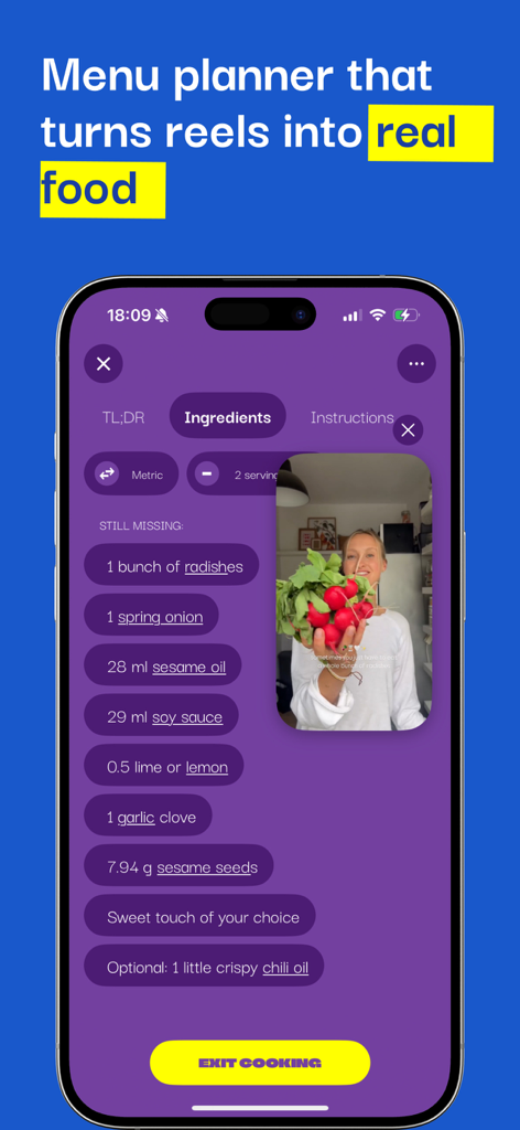 Menu planner - OH, a potato! - Interface d'application mobile affichant une liste d'ingrédients extraits d'une vidéo de réseau social pour la planification des repas.