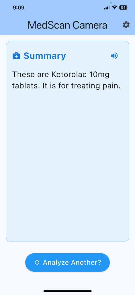 MedScan app interface showing a simple summary that identifies Ketorolac tablets for pain relief