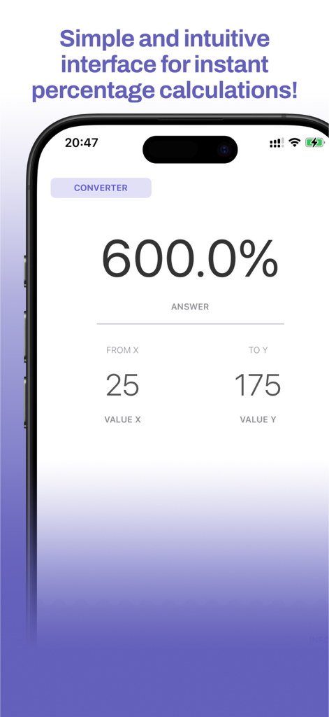 Elegante interfaccia di calcolatrice percentuale su iPhone che calcola un aumento del 600 percento.