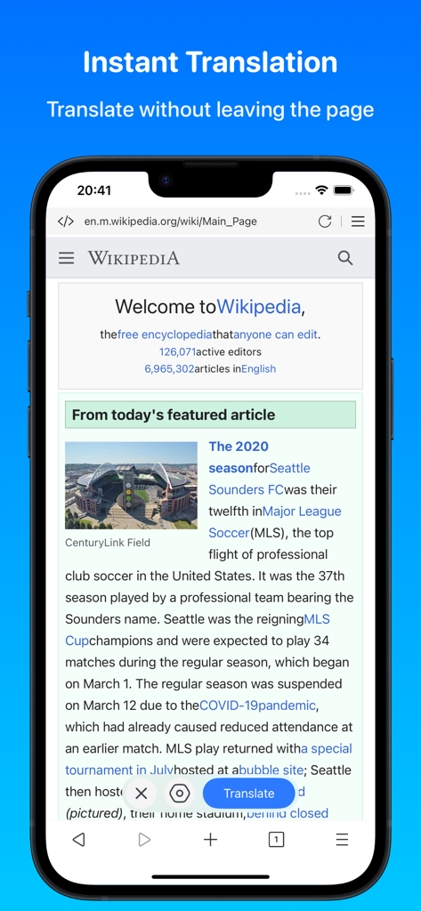 Focus - Userscripts & Player - Smartphone screen displaying the instant web translation feature in the Focus browser app